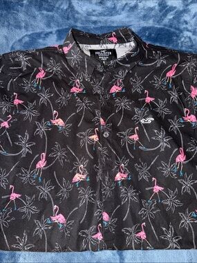 Hollister Black Short Sleeve Shirt with Pink Flamingo Print